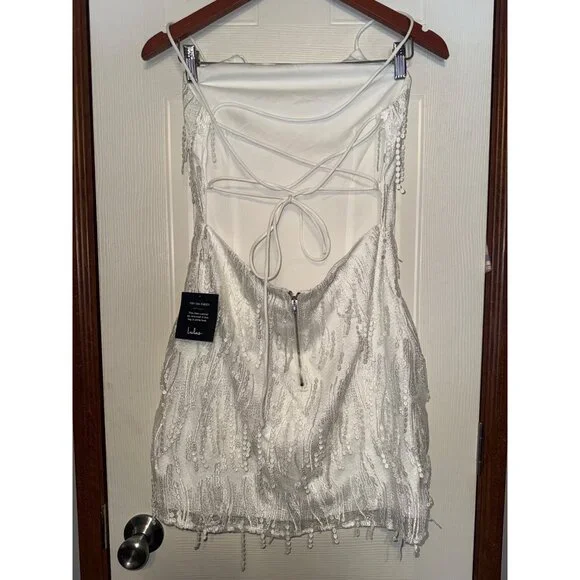 Lulus Making Magic White Fringe Lace-Up Mini Dress Size Medium - Picture 4 of 14